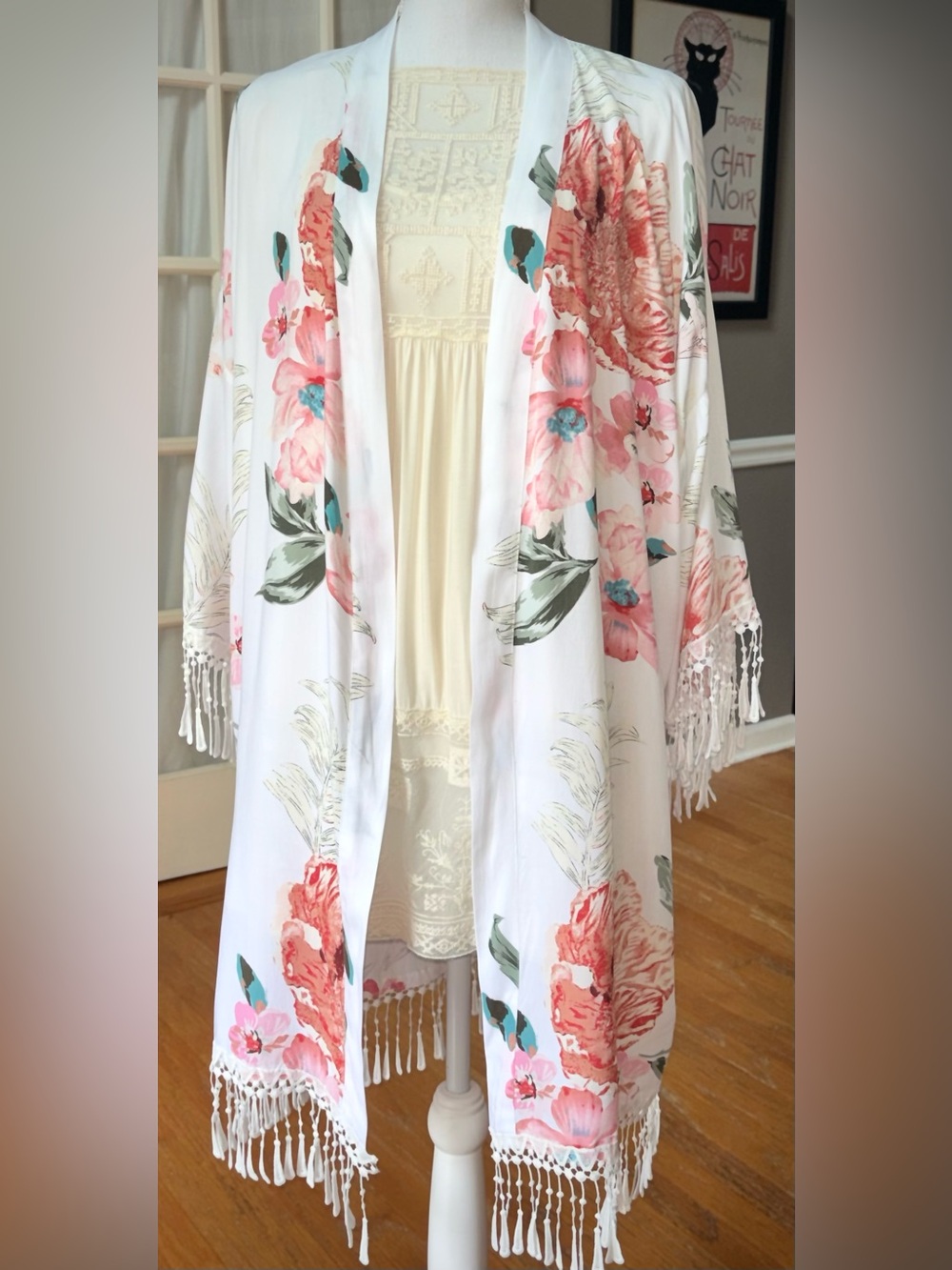 Boho Floral Tassel Fringe Kimono Cardigan White Pink Rayon Cover Up